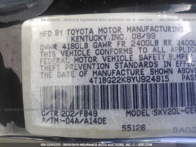 4T1BG22K8YU924815 - 2000 TOYOTA CAMRY CE/LE/XLE 黑色 照片 9
