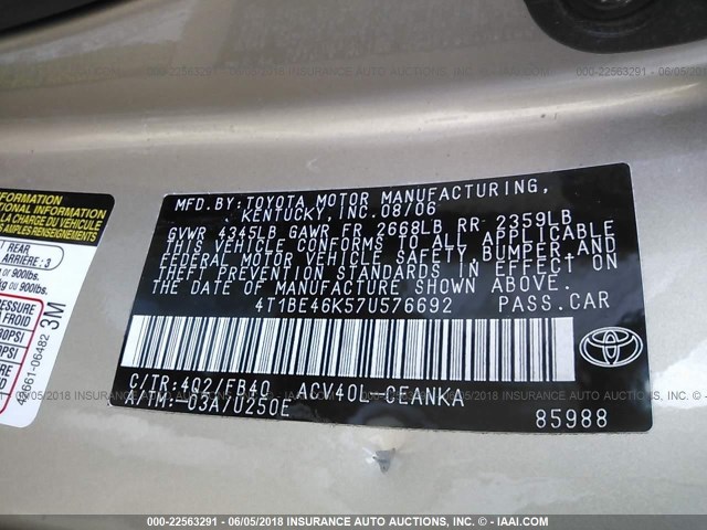 4T1BE46K57U576692 - 2007 TOYOTA CAMRY NEW GENERAT CE/LE/XLE/SE TAN photo 9