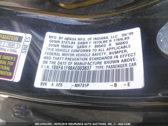 19XFA1F98AE003837 - 2010 HONDA CIVIC EXL BLACK photo 9