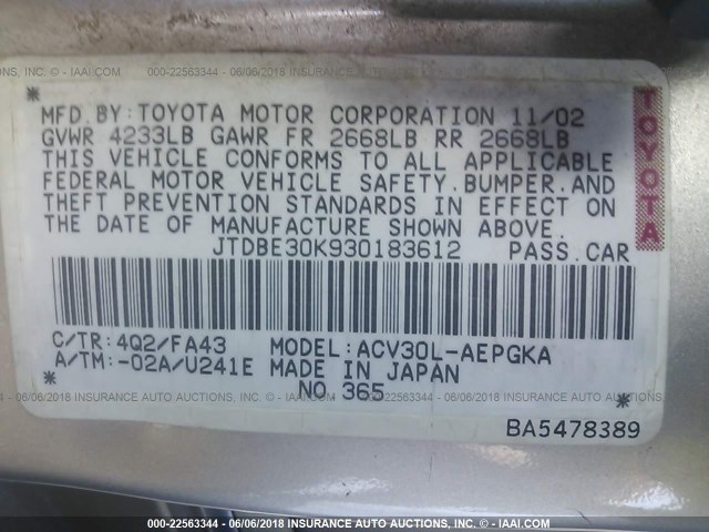 JTDBE30K930183612 - 2003 TOYOTA CAMRY LE/XLE Ոսկեգույն լուսանկար 9