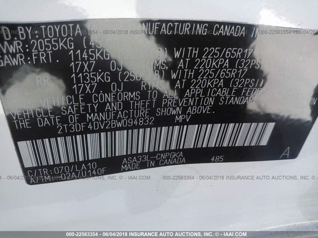 2T3DF4DV2BW094832 - 2011 TOYOTA RAV4 LIMITED Ağ foto 9