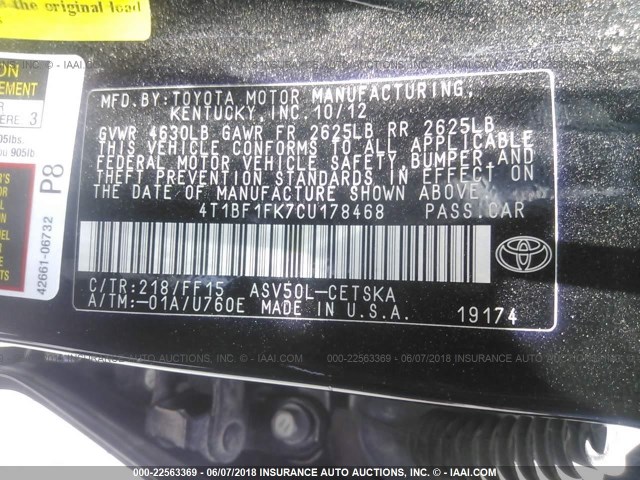 4T1BF1FK7CU178468 - 2012 TOYOTA CAMRY SE/LE/XLE შავი ფოტო 9