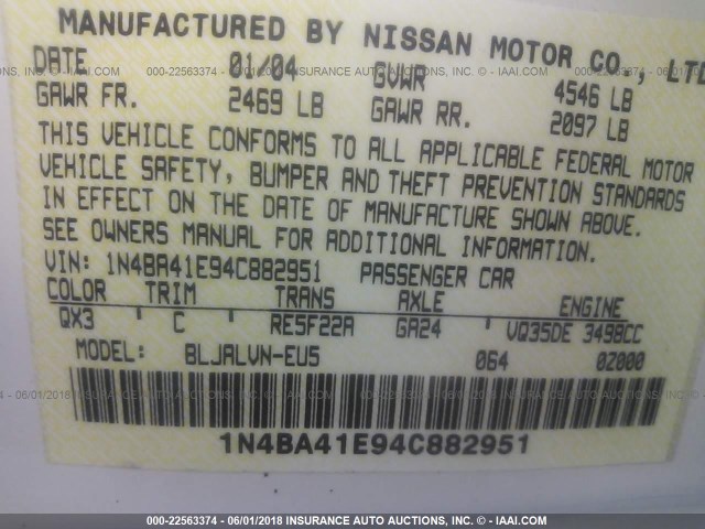 1N4BA41E94C882951 - 2004 NISSAN MAXIMA SE/SL WHITE photo 9