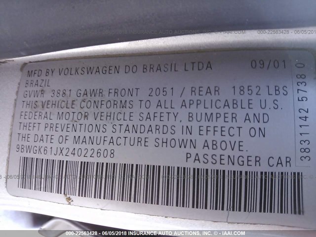 9BWGK61JX24022608 - 2002 VOLKSWAGEN GOLF GLS SILVER photo 9