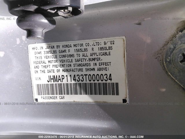 JHMAP11433T000034 - 2003 HONDA S2000 SILVER photo 9