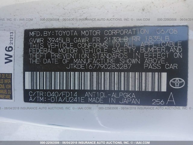 JTKDE167790283287 - 2009 TOYOTA SCION TC 白色 照片 9