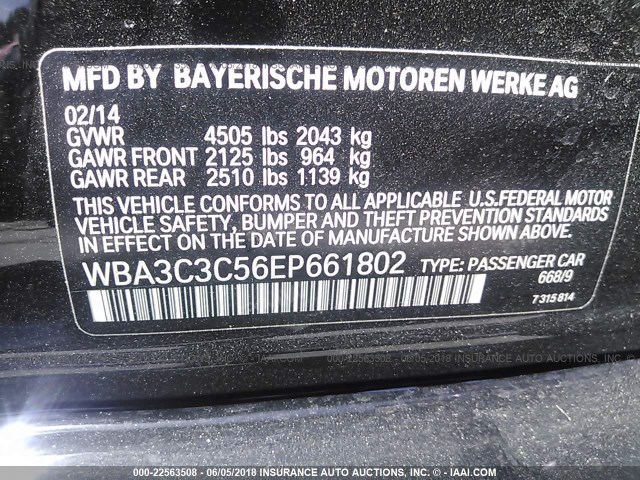 WBA3C3C56EP661802 - 2014 BMW 320 I/XDRIVE BLACK photo 9