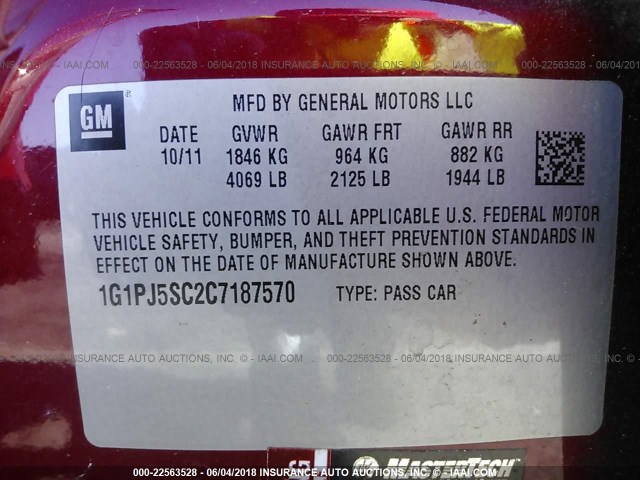 1G1PJ5SC2C7187570 - 2012 CHEVROLET CRUZE ECO RED photo 9