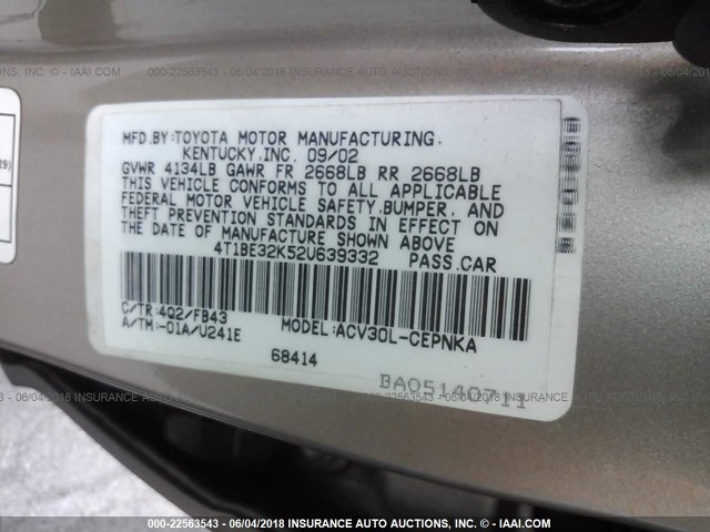 4T1BE32K52U639332 - 2002 TOYOTA CAMRY LE/XLE/SE 金色 照片 9