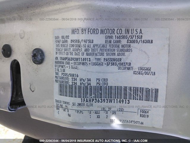 1FAHP36393W114913 - 2003 FORD FOCUS SE/SE SPORT/ZTW SILVER photo 9