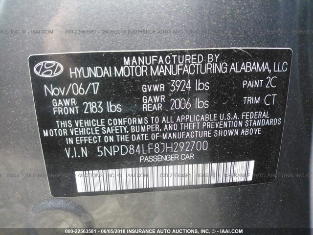 5NPD84LF8JH292700 - 2018 HYUNDAI ELANTRA SEL/VALUE/LIMITED GRAY photo 9