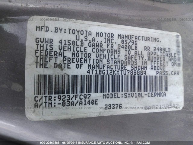 4T1BG12KXTU788884 - 1996 TOYOTA CAMRY DX/LE/XLE GRAY photo 9