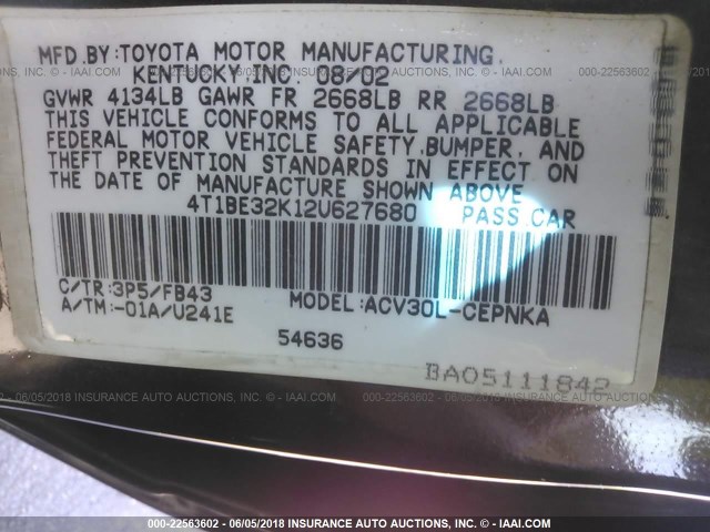 4T1BE32K12U627680 - 2002 TOYOTA CAMRY LE/XLE/SE 棕色 照片 9