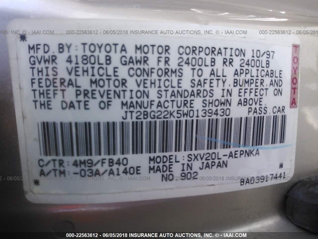 JT2BG22K5W0139430 - 1998 TOYOTA CAMRY CE/LE/XLE TAN photo 9