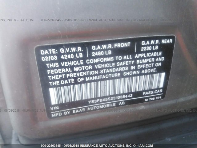 YS3FB45S231035443 - 2003 SAAB 9-3 LINEAR GRAY photo 9