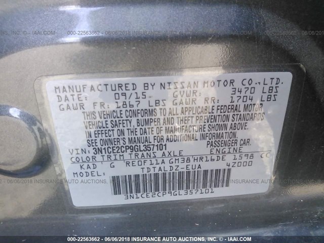 3N1CE2CP9GL357101 - 2016 NISSAN VERSA NOTE S/S PLUS/SV/SL/SR GRAY photo 9