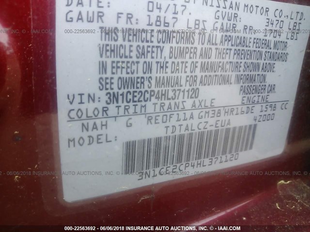 3N1CE2CP4HL371120 - 2017 NISSAN VERSA NOTE S/S PLUS/SV/SL/SR RED photo 9