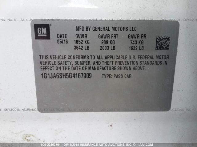 1G1JA6SH5G4167909 - 2016 CHEVROLET SONIC LS Ağ foto 9