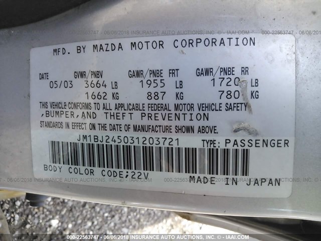 JM1BJ245031203721 - 2003 MAZDA PROTEGE PR5 SILVER photo 9