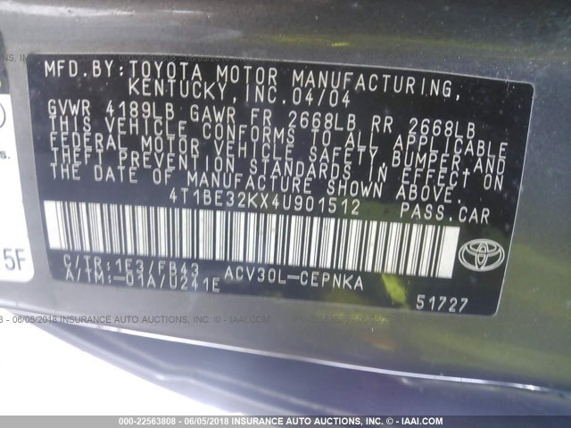 4T1BE32KX4U901512 - 2004 TOYOTA CAMRY LE/XLE/SE ნაცრისფერი ფოტო 9