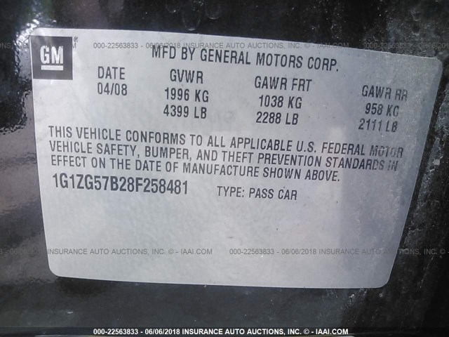 1G1ZG57B28F258481 - 2008 CHEVROLET MALIBU LS 黑色 照片 9