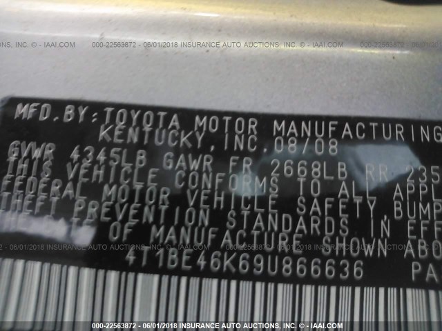 4T1BE46K69U866636 - 2009 TOYOTA CAMRY SE/LE/XLE SILVER photo 9
