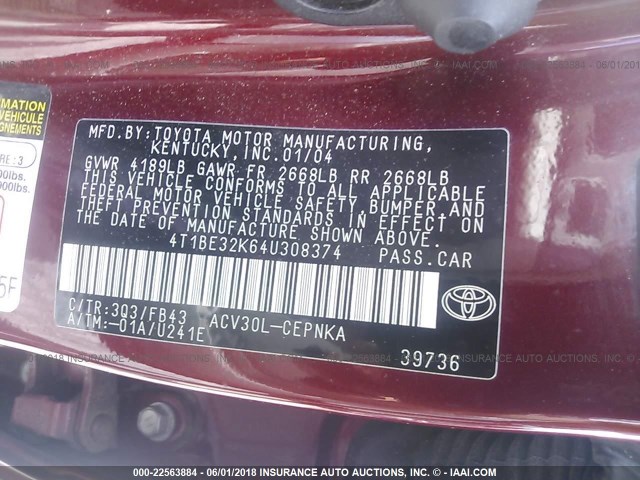 4T1BE32K64U308374 - 2004 TOYOTA CAMRY LE/XLE/SE წითელი ფოტო 9