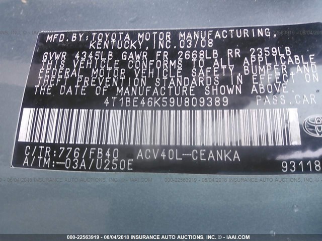 4T1BE46K59U809389 - 2009 TOYOTA CAMRY SE/LE/XLE 绿色 照片 9