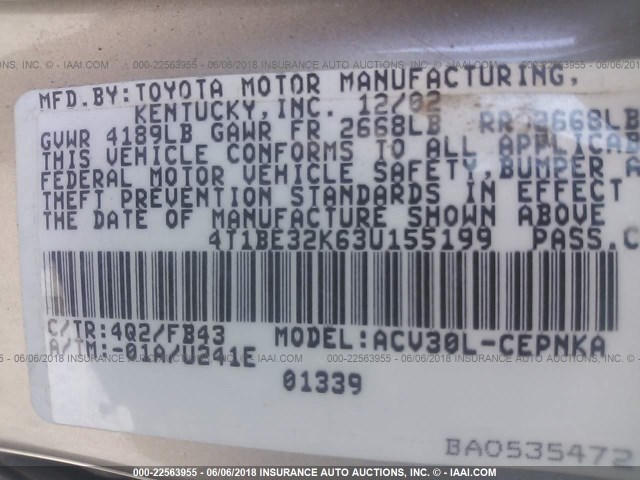 4T1BE32K63U155199 - 2003 TOYOTA CAMRY LE/XLE/SE 灰色 照片 9