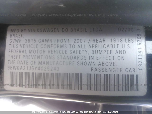 9BWGA21J5Y4025243 - 2000 VOLKSWAGEN GOLF GLS BLACK photo 9