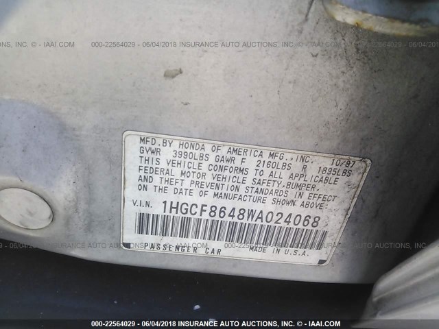 1HGCF8648WA024068 - 1998 HONDA ACCORD DX GRAY photo 9