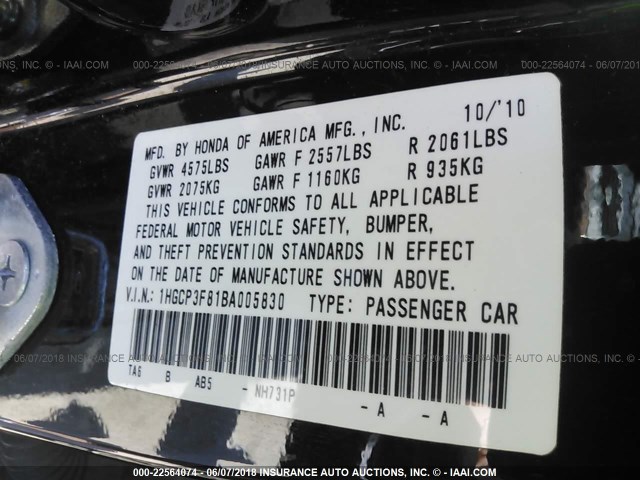 1HGCP3F81BA005830 - 2011 HONDA ACCORD EXL BLACK photo 9