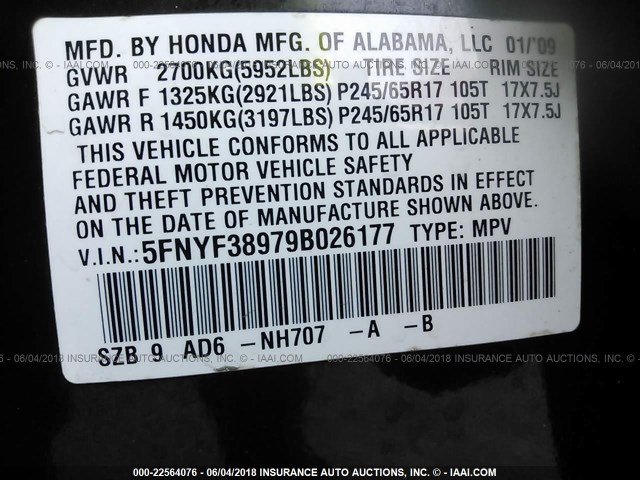 5FNYF38979B026177 - 2009 HONDA PILOT TOURING BLACK photo 9