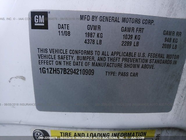 1G1ZH57B294210909 - 2009 CHEVROLET MALIBU 1LT 白色 照片 9