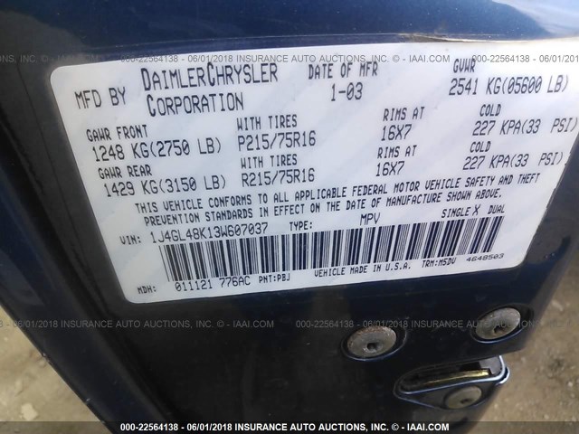 1J4GL48K13W607037 - 2003 JEEP LIBERTY SPORT/FREEDOM ლურჯი ფოტო 9