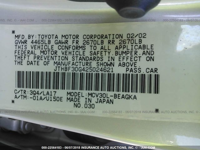 JTHBF30G425024621 - 2002 LEXUS ES 300 GRAY photo 9