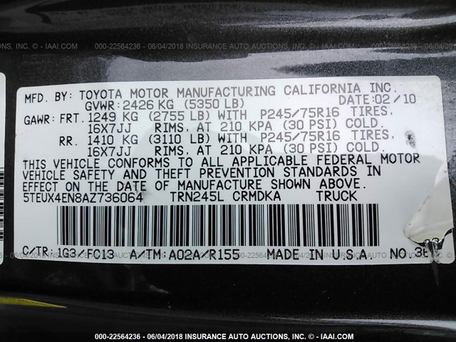 5TEUX4EN8AZ736064 - 2010 TOYOTA TACOMA ACCESS CAB Grau Foto 9