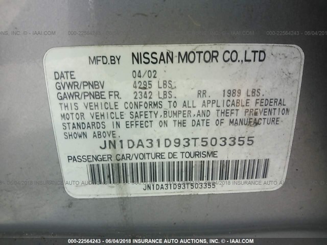 JN1DA31D93T503355 - 2003 NISSAN MAXIMA GLE/GXE/SE GRAY photo 9