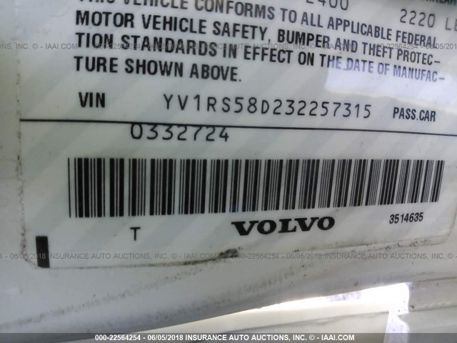 YV1RS58D232257315 - 2003 VOLVO S60 2.4T WHITE photo 9