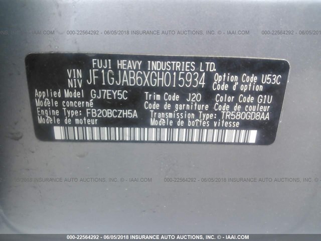 JF1GJAB6XGH015934 - 2016 SUBARU IMPREZA PREMIUM GRAY photo 9