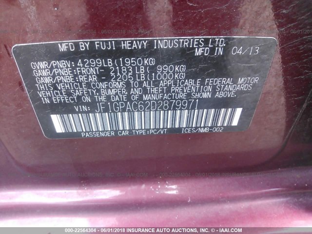 JF1GPAC62D2879971 - 2013 SUBARU IMPREZA PREMIUM BURGUNDY photo 9