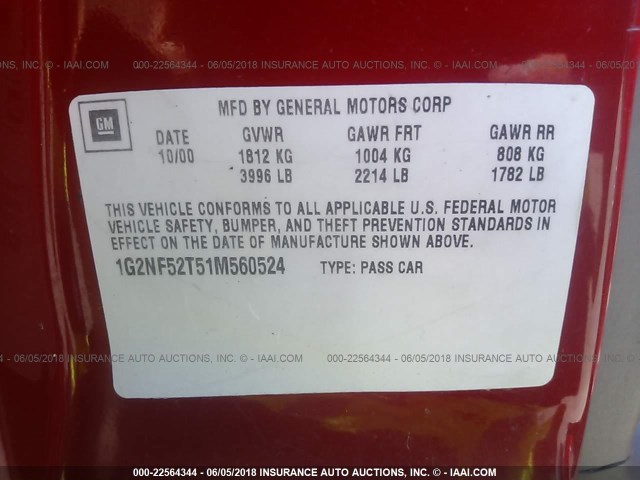 1G2NF52T51M560524 - 2001 PONTIAC GRAND AM SE1 RED photo 9