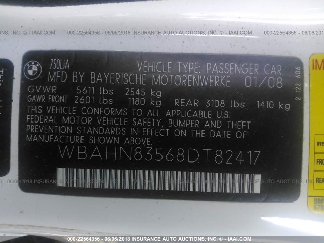 WBAHN83568DT82417 - 2008 BMW 750 LI WHITE photo 9