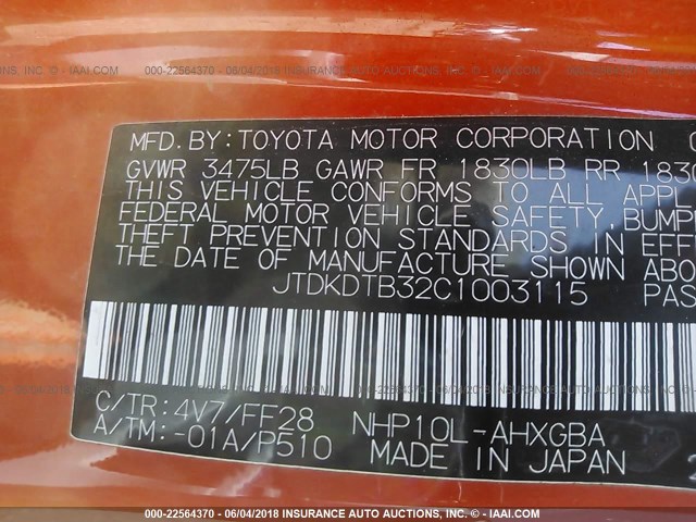 JTDKDTB32C1003115 - 2012 TOYOTA PRIUS C ORANGE photo 9