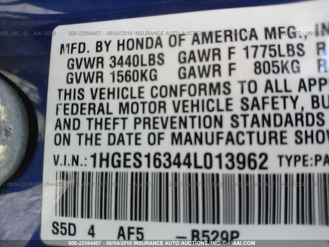 1HGES16344L013962 - 2004 HONDA CIVIC DX VP BLUE photo 9