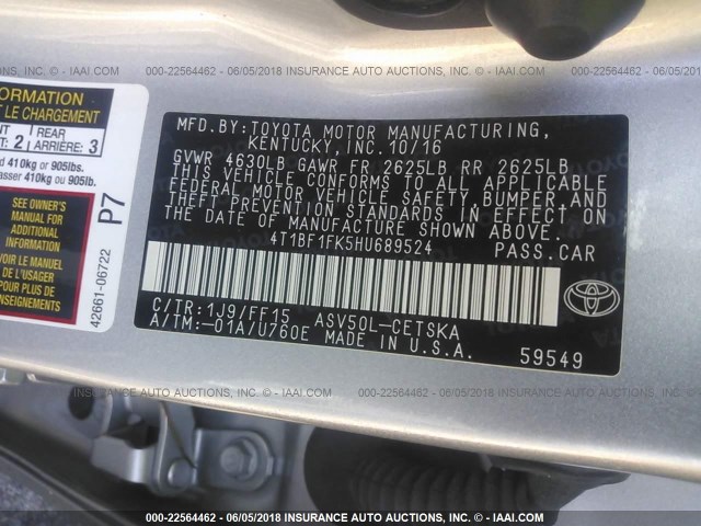 4T1BF1FK5HU689524 - 2017 TOYOTA CAMRY LE/XLE/SE/XSE SILVER photo 9