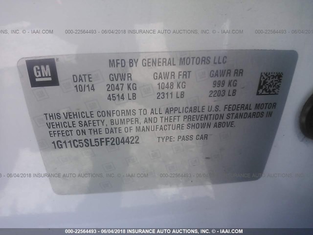 1G11C5SL5FF204422 - 2015 CHEVROLET MALIBU 1LT WHITE photo 9