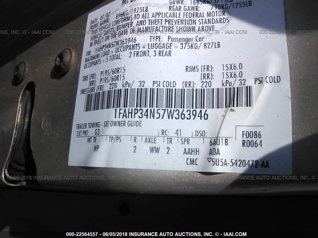 1FAHP34N57W363946 - 2007 FORD FOCUS ZX4/S/SE/SES 棕色 照片 9