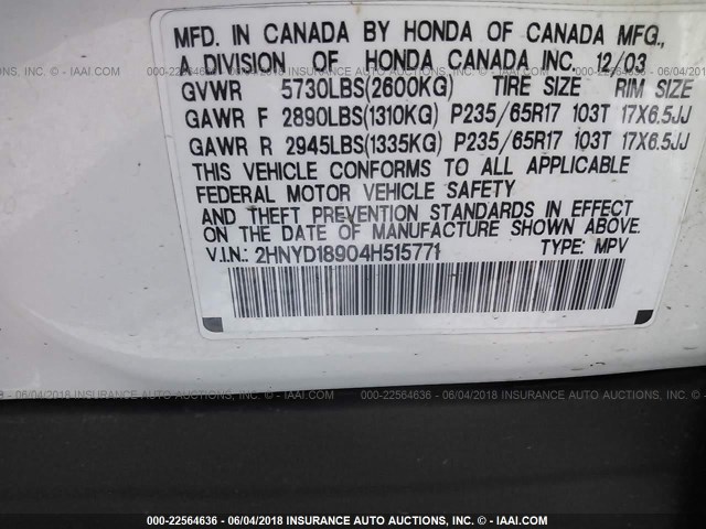 2HNYD18904H515771 - 2004 ACURA MDX TOURING WHITE photo 9