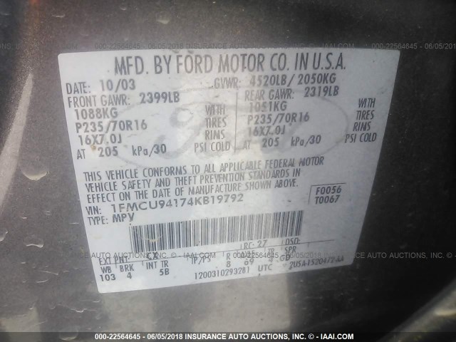 1FMCU94174KB19792 - 2004 FORD ESCAPE LIMITED GRAY photo 9